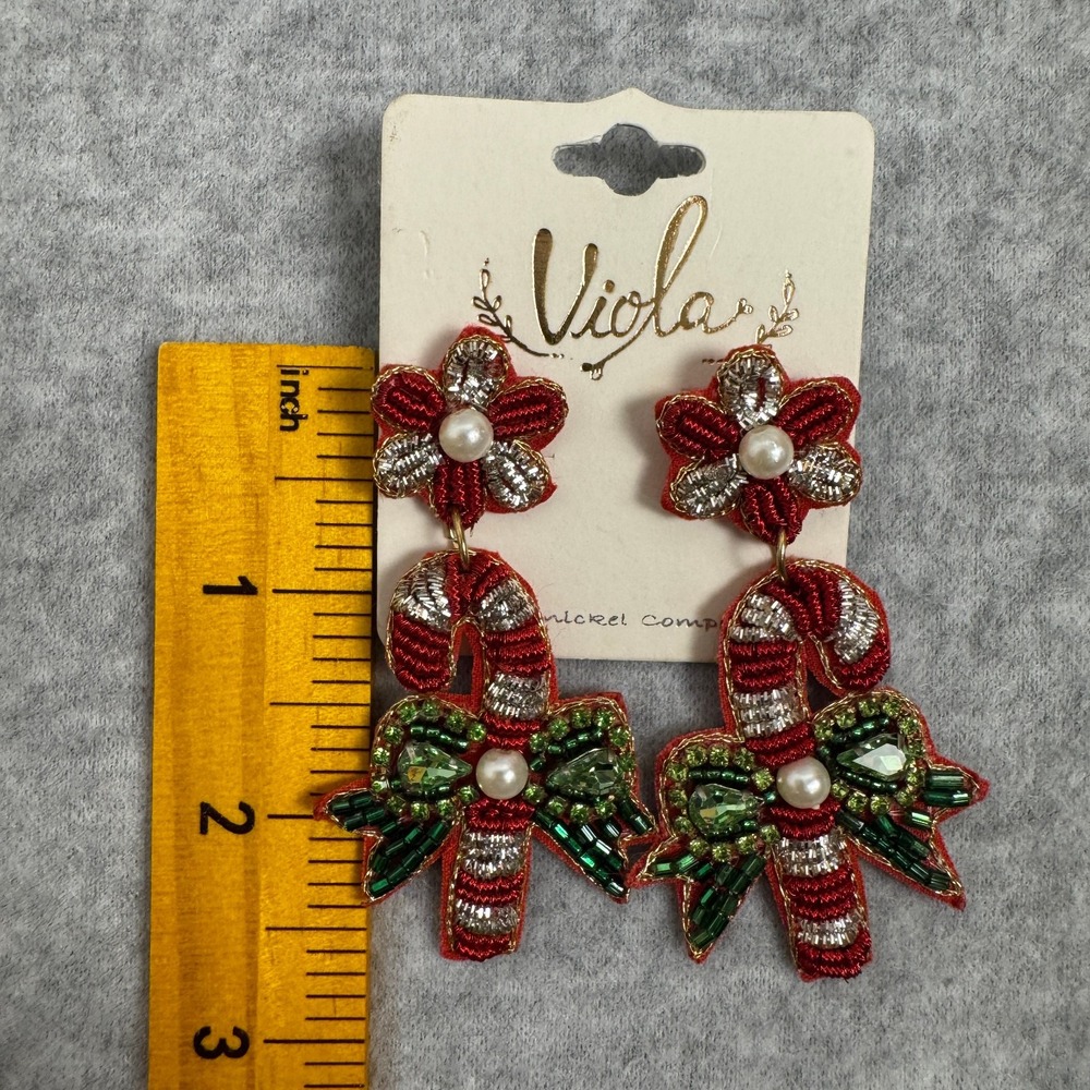 Viola Christmas Candy Cane Earrings Seed Beads Faux Pearls Green Glass Stones - Picture 4 of 4